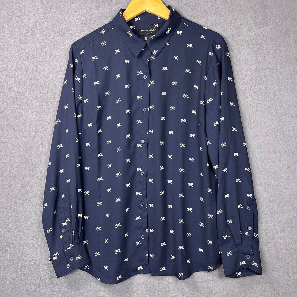 Banana Republic Bow Print Button Up Shirt Womens L Navy Blue Drapey Long Sleeve